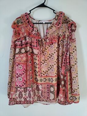 Patchwork Floral Ruffle Tie-Neck Blouse - Pink